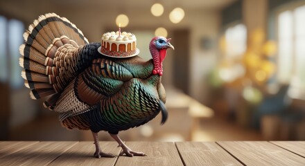 Festive fowl carrying birthday cake in celebratory stance humor whimsical thanksgiving