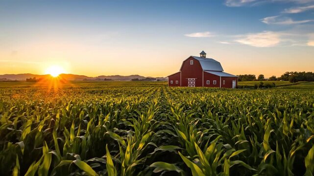 Scenic Rural Landscape with Cornfield and Red Barn at Sunset Under Clear Blue Sky with Golden Sunlight and Distant Horizon