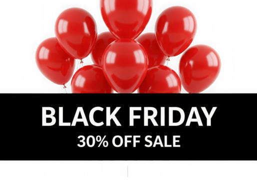 Black friday 30 percent off sale with red balloons, isolated on transparent background - Powered by Adobe