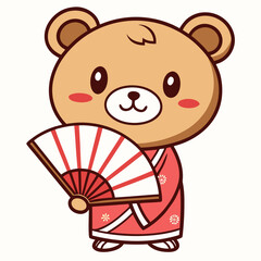 Cute cartoon bear holding a traditional Japanese fan in a kimono