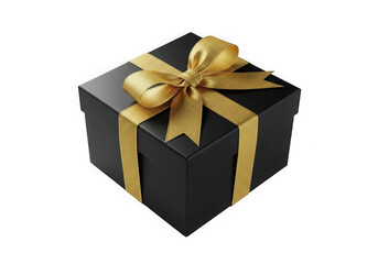 Obraz premium Black gift box with gold ribbon and bow isolated on transparent background