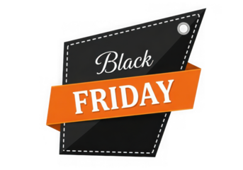 Black friday sale tag with orange ribbon and text black friday isolated on transparent background