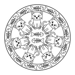 mandala coloring page - cat and fish bone 