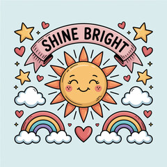 Bright yellow cartoon sun and cloud with a smile on a blue sky vector illustration for summer fun