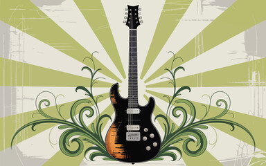 Abstract grunge urban background with floral elements, featuring an electric guitar for a rock and roll concert design