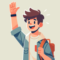 Flat Illustration of Young Boy Waving with Wearing Casual Clothing and Backpack