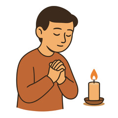 Flat Illustration of a Man Praying Next to a Lit Candle with Hands Clasped on White Background