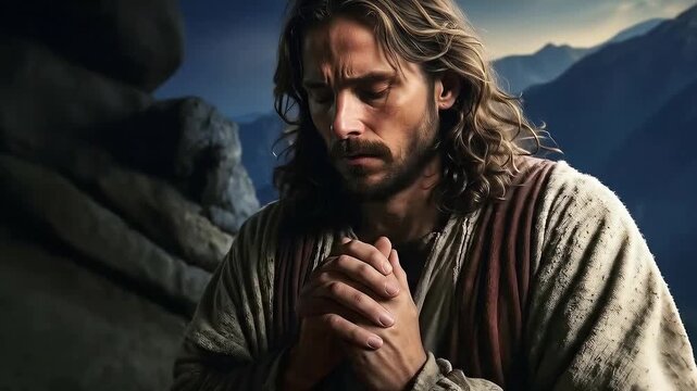 Jesus prays in the garden of Gethsemane. Biblical scene conceptual theme.