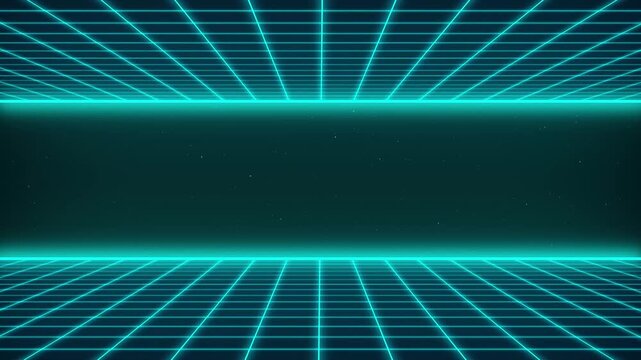 4K futuristic synthwave abstract electric blue cyan color 80s style retro minimal background animated. Sci-fi seamless looping animation with two grid on top and the bottom