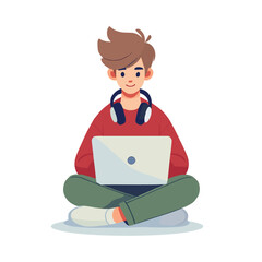 Illustration of a Boy Sitting Cross Legged with Laptop and Headphones in White Background