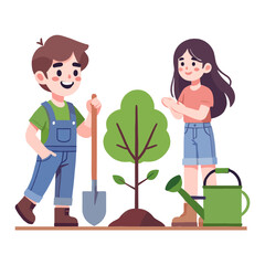 Flat Illustration of Boy Planting Tree with Shovel and Girl Holding Watering Can