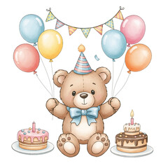 Fototapeta premium Cute Teddy Bear Happy Birthday Party with Balloons and Cakes Illustration