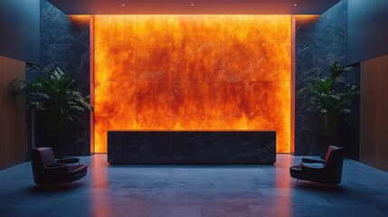 Modern lobby with fiery orange wall, dark furniture, and plants