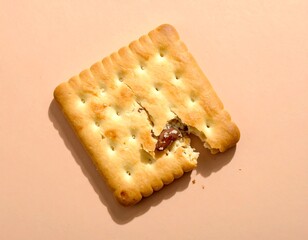 Overhead shot of a golden-brown, square biscuit with a scalloped edge. A bite is missing, revealing filling. It rests on a light-peach background, casting a shadow