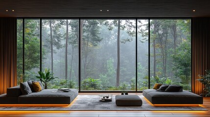 Modern lounge with forest view