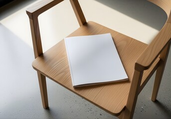 Closed blank magazine on wooden chair seat under daylight, minimal modern aesthetic