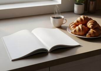 Open magazine mockup on the kitchen counter beside coffee and croissants, cozy breakfast morning