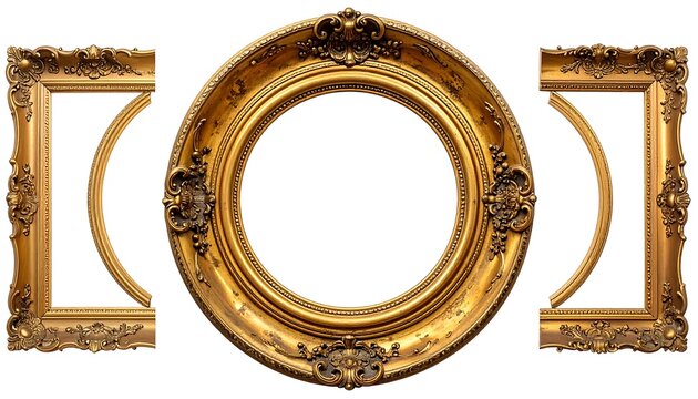 Ornate gold picture frames of varying shapes and sizes, against a stark white backdrop