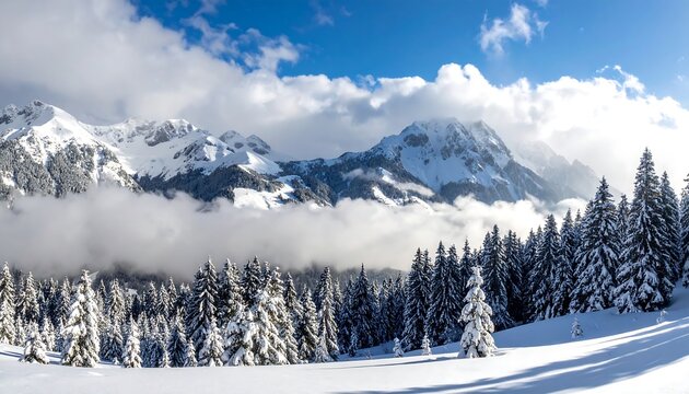 Majestic winter panorama showcasing snow-covered evergreen trees in the foreground, leading to towering, icy mountain peaks under a bright, cloudy sky