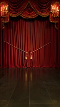 Empty theatre stage with velvet red curtain, golden tassels, sconces, and a reflective tiled floor, creating a dramatic ambiance.