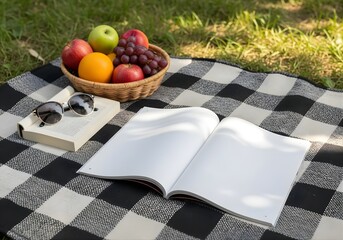 Blank magazine mockup on a picnic blanket with a fruit bowl and sunglasses, outdoor garden lifestyle