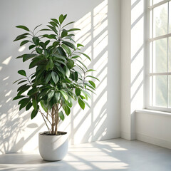 Green indoor houseplants by sunny window with natural soft light