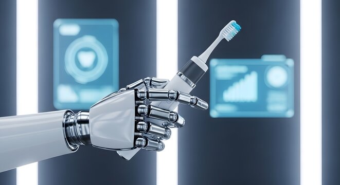 Robotic arm holding an electric toothbrush in a futuristic setting with screens