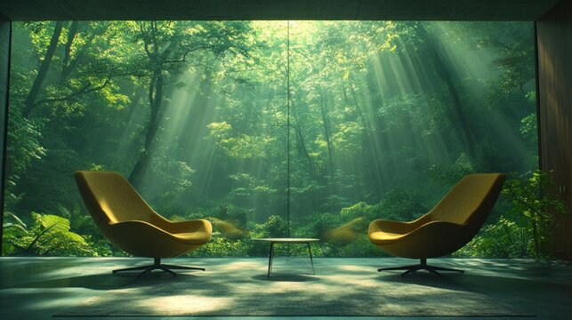 Modern room with jungle view, sunlight streams