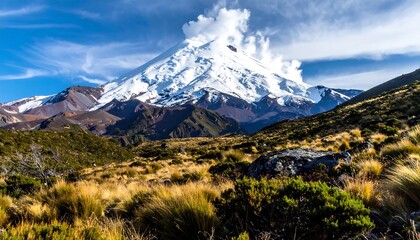 Majestic mountain peak capped in snow under a partly cloudy blue sky, contrasting with the colorful foreground