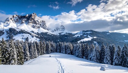 Majestic winter scene snow-covered mountains with trees in the foreground, path, fluffy clouds and clear blue sky