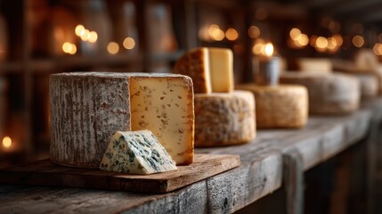 Aged cheese on wooden shelf with candlelight