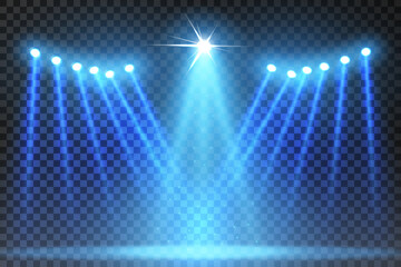 Bright blue concert spotlights create the effect of shining stars on the stage.