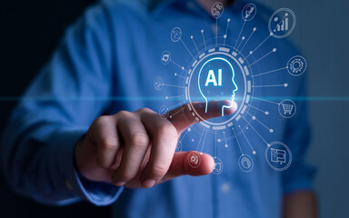 Fototapeta premium Man interacting with artificial intelligence interface showcasing future technology and digital transformation in a modern connected world with innovative solutions