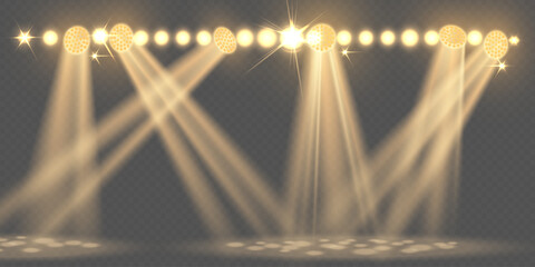 Realistic stage spotlights with bright beams and reflections on transparent background
