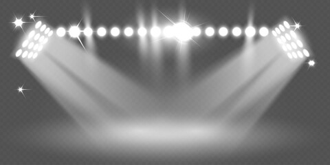 Realistic stage spotlights with bright beams and reflections on transparent background