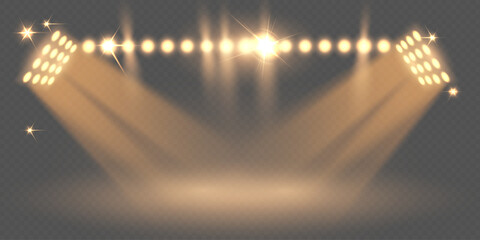 Realistic stage spotlights with bright beams and reflections on transparent background