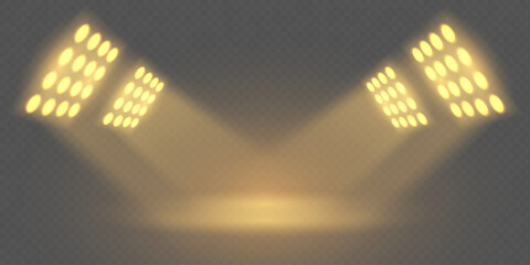 Realistic stage spotlights with bright beams and reflections on transparent background