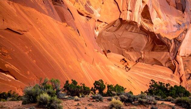 Majestic shot of layered sandstone cliffs with diverse hues of orange and red. Foreground reveals scrub brush and a rocky terrain