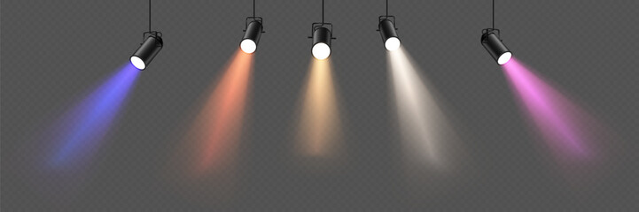 Hanging studio spotlights illuminating stage area