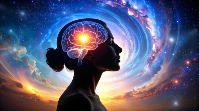 Woman's silhouette profile with glowing brain over cosmic space background with swirling galaxy, concept illustration of intellect and thoughts.