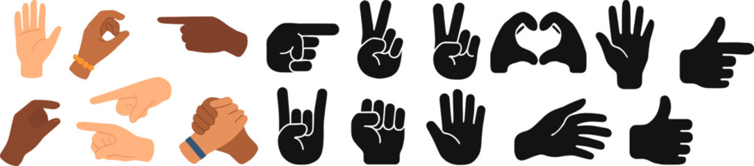 Hand Gestures Icons Set with Diverse Skin Tones and Silhouettes
