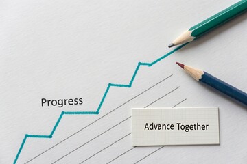Diagram of progress represented by rising line with pencils