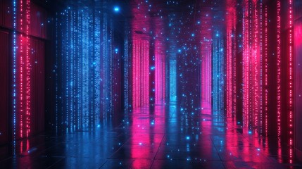 Neon corridor, digital code, glowing columns