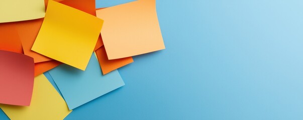 Colorful sticky notes scattered on a blue background, ideal for reminders and organization.