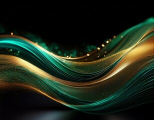 abstract wavy lines of shimmering gold and emerald green particles against a black background