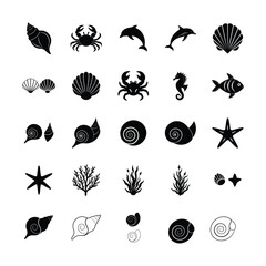 Collection of black marine life and sea elements on white background
