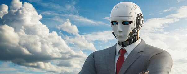 A humanoid robot in a suit stands confidently against a backdrop of clouds, blending technology with a professional appearance.