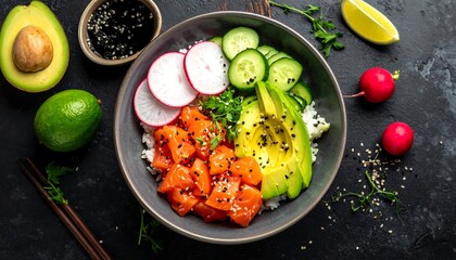 Overhead shot of a healthy meal bowl featuring colorful ingredients. Rice and salmon base with avocado, radish, and cucumber. Garnished with sesame seeds and a lime wedge