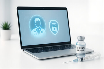 Photorealistic influenza vaccination, healthcare professional’s gloved hands holding prefilled flu vaccine syringe beside unbranded vial labeled with abstract blue “influenza”