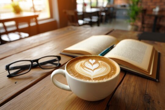 Coffee cup with latte art beside an open book and glasses on a wooden table